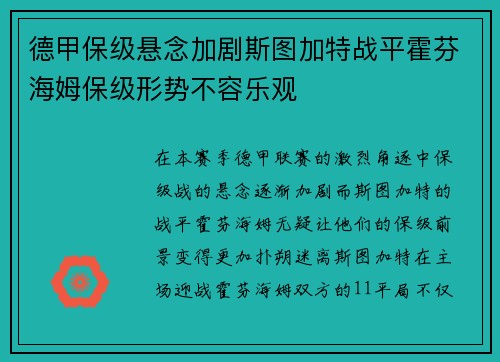 德甲保级悬念加剧斯图加特战平霍芬海姆保级形势不容乐观